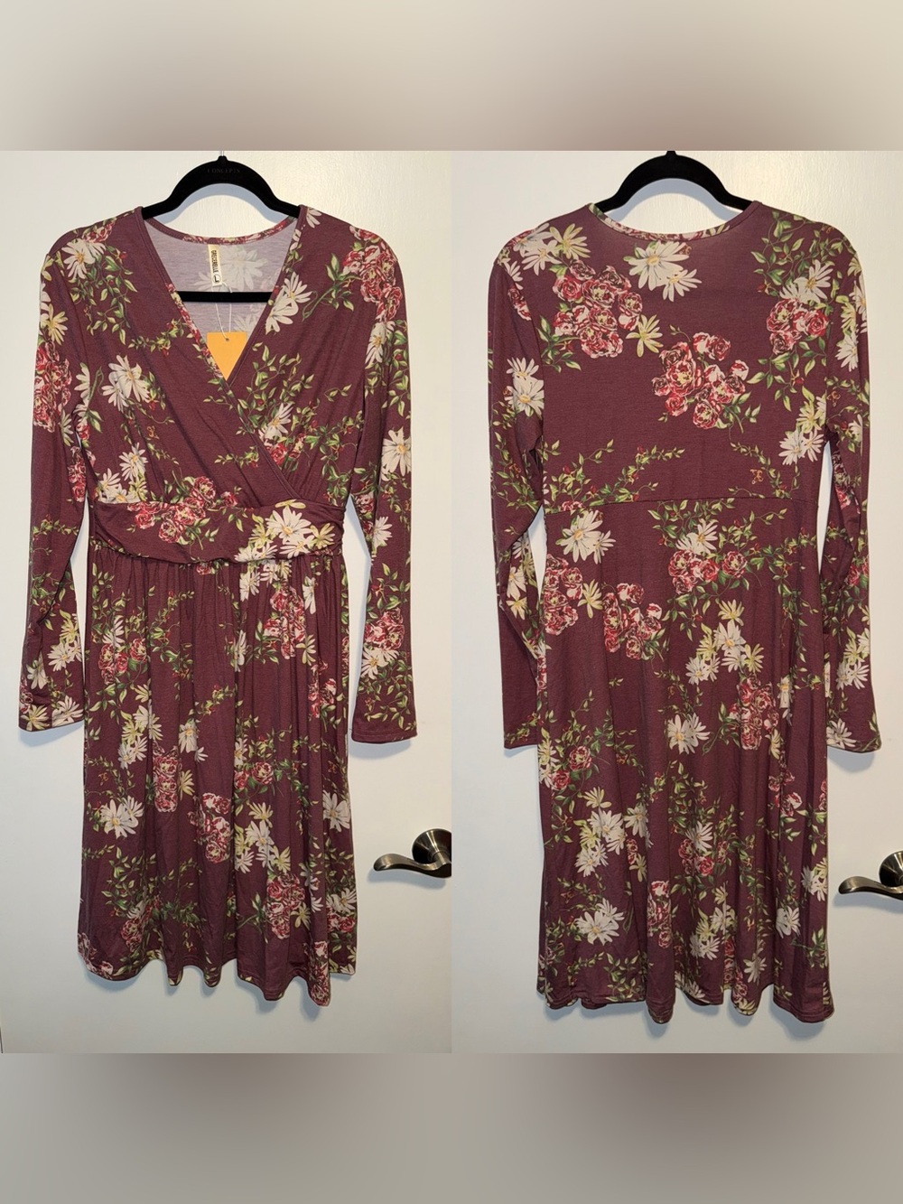 Floral Long-Sleeve Wrap Dress in Burgundy